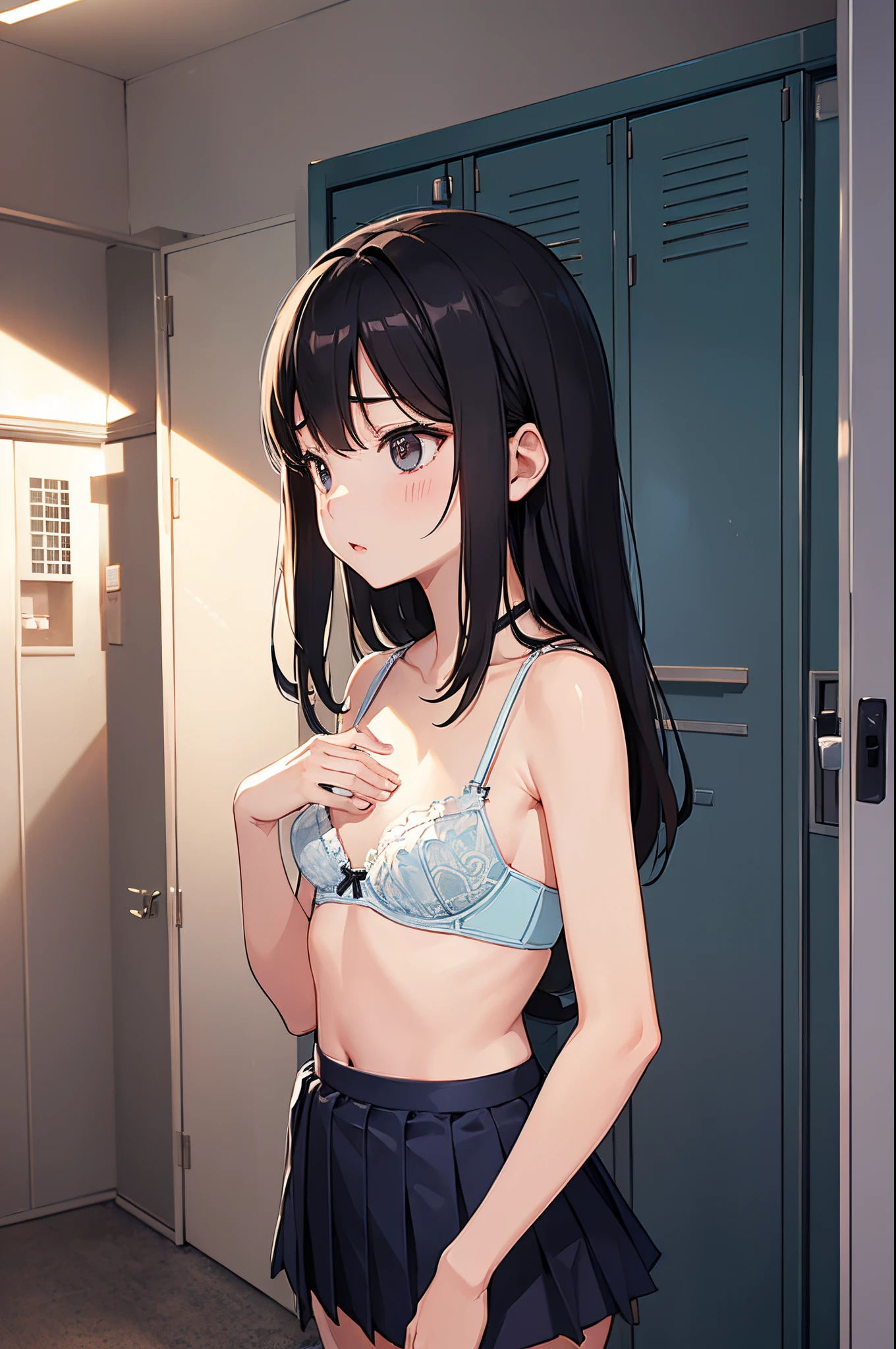 masutepiece,Best Quality,超A high resolution, 8K,Professional Lighting, Photon mapping, Teleportion, analogue,  handdraw,  Anime Face,  NSFW,  ３People Girls,  Looking away、(seminude:1.5),  School uniform:1.2,((Locker Room:1.2)), (flat chest:1.2)、panties on、bra very:1.4、Large audience、Look away