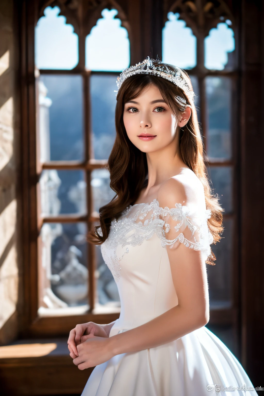 Ultra high-definition images,8K, Aristocratic women,Fantasy,Full-body high-definition images,In the castle, Delicate face, (delicate and beautiful face,: 1.5), Full body portrait standing,  1 person,sparkling tiara，white satin dress， castle miracle, princess presence