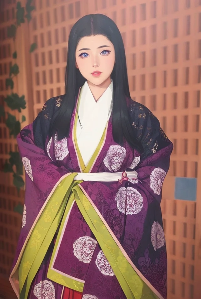 (((obra maestra), (fondo de pantalla CG 8k extremadamente detallado), la mejor calidad, solo, 1girl, cinematography lighting, fondo detallado, hermosos ojos detallados, pupilas brillantes, (un extremadamente delicado y hermoso), (Description of Eyes beautiful and detailed), ultra detallado, obra maestra,)), a painting of Murasaki no ue genji story character, heian era lady, Japan, ancient Japan, ancient Japan, noble lady, dressed in red layered kimono, junihitoe, piercing gaze, masterpiece, best quality, half body, portrait, 1 girl, anime, Japan, semi-realistic, young woman, smiling, pretty face, beautiful, colorful, genji monogatari, black hair, extremely long hair, abundant hair, straight hair, Tufts of hair cover and wrap around the shoulders, lots of hair, extremely long hair, blue eyes, almond eyes, symmetrical and bright eyes, small nose, plump lips, full lips, pink lips, symmetrical face, oval face, light skin, smooth skin, perfect body, beautiful body, slim waist, large breasts, illustration, extremely detailed, smooth, high resolution, ultra quality, detailed eyes, detailed mouth, detailed mouth, detailed face, perfect eyes, both eyes are the same, true light, glowing, iridescent, global illumination, real hair movement, real light, real shadow, real face, shining eyes, soft light, dream light