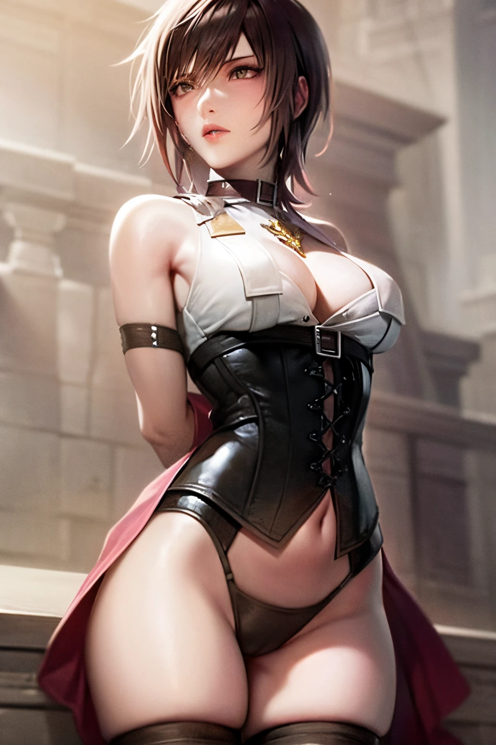 (Best Quality, Masterpiece: 1.1), (Fidelity: 1.4), 1 Girl, Upper Body, Very Short Hair, Studio, BDSM, slave, Black Corset, Bondage, Slave Collar, Slave Panties, Woman Tied with Rope, Handcuffs, Bondage, BDSM, Bound, Bondage, Bound, Bondage, Bind, Arms Behind Back, Restraints, Navel
