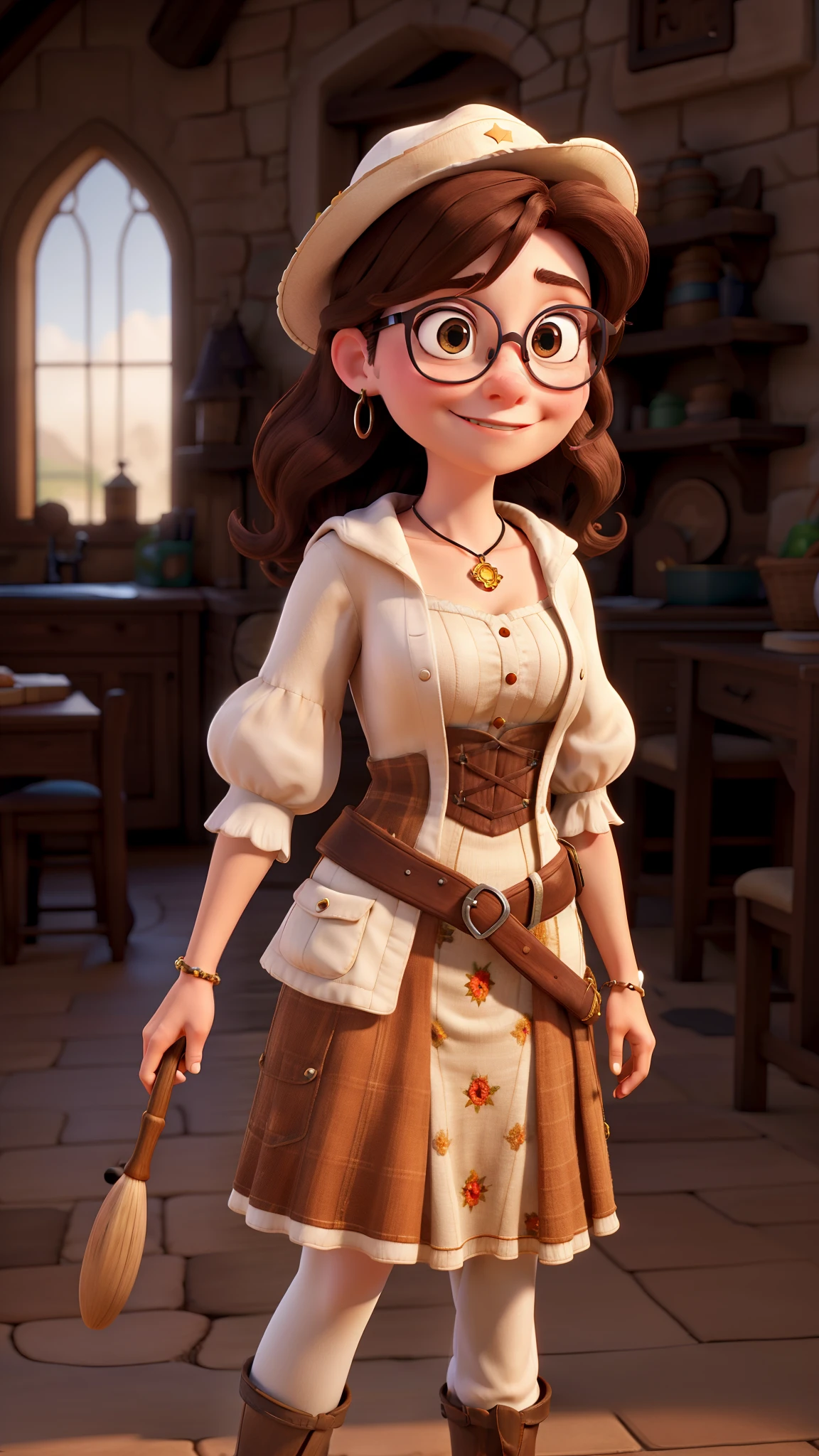 A white woman, with glasses, Brown hair, Disney Pixar style, gipsy costume, medieval, witch