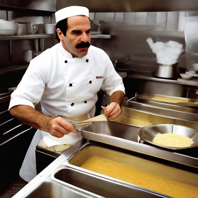The Soup Nazi’s appearance is that of a typical chef with a white chef’s uniform, but his intense, intimidating demeanor sets him apart. He strictly enforces a set of rules at his soup stand, such as ordering customers to line up in an orderly fashion, speak only when spoken to, place their order quickly, and move to the left immediately after ordering.,Seinfeld TV show,The Soup Nazi’s appearance is that of a typical chef with a white chef’s uniform, but his intense, intimidating demeanor sets him apart. He strictly enforces a set of rules at his soup stand, such as ordering customers to line up in an orderly fashion, speak only when spoken to, place their order quickly, and move to the left immediately after ordering.,face,photo