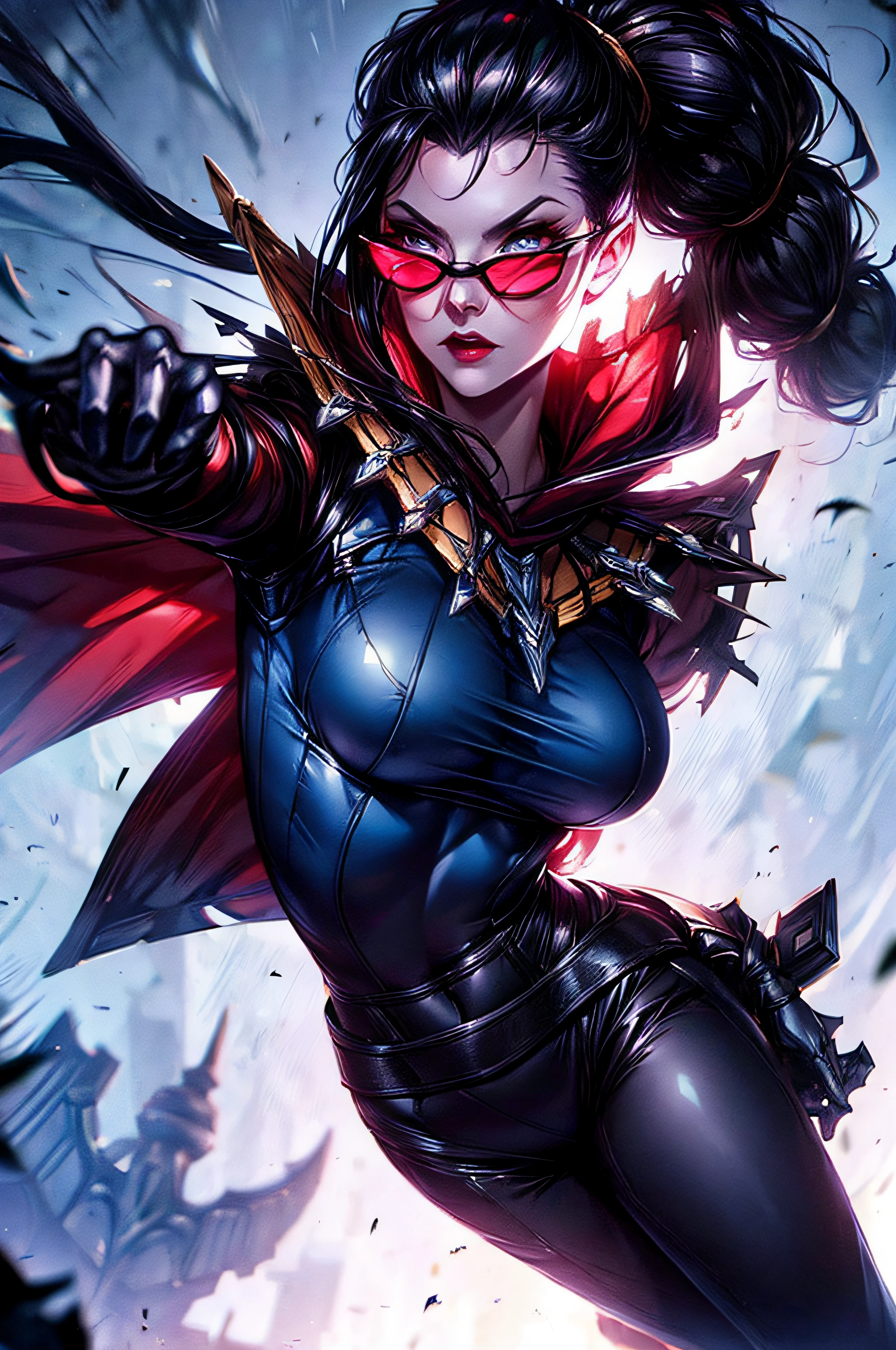 ((face portrait)), (masterpiece), best quality, expressive eyes, perfect face, vayne, 1girl, solo, long hair, black hair, gloves, ponytail, cape, sunglasses, ruin background, standing, portrait, looking at viewer, from frontal