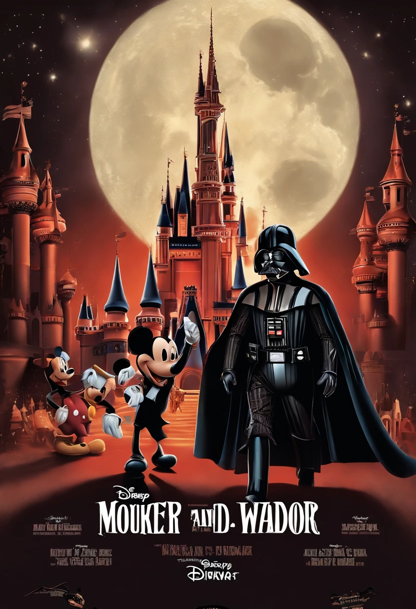 "Créez une affiche de film Disney haute résolution mettant en vedette Dark vador et mickey mousse ."