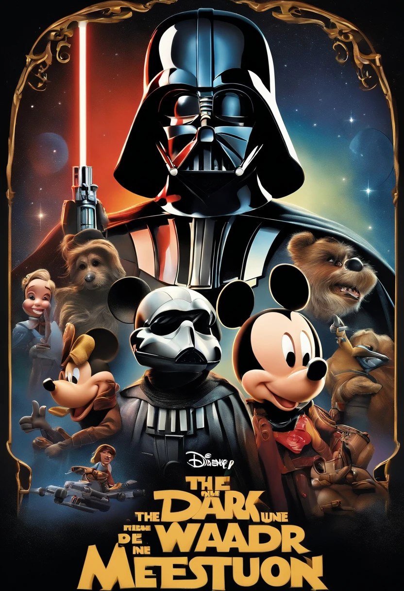 "Créez une affiche de film Disney haute résolution mettant en vedette Dark vador et mickey mousse ."