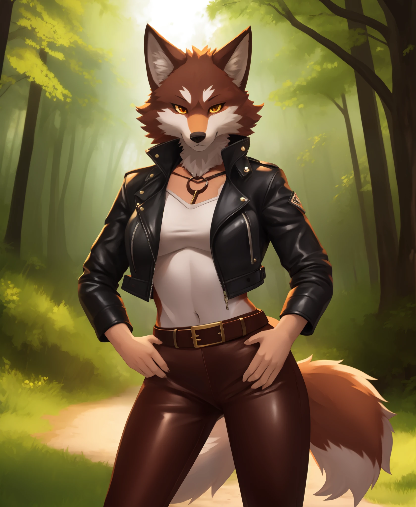 1girl, solo, masterpiece,  wolf girl, furry, anthro, body fur, wolf tail, outdoors, scenery, forest, leather jacket, leather pants, belt,