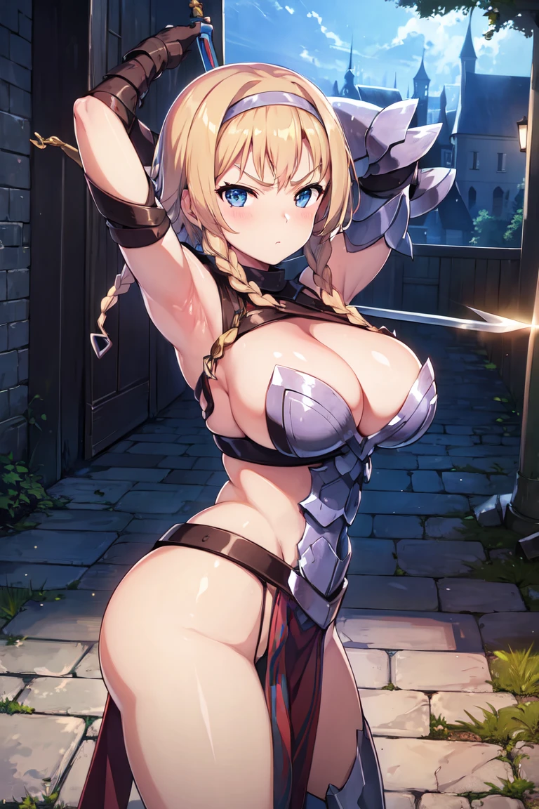 LeinaQuiron woman, breasts, blush, blue eyes, blonde hair, large breasts, cleavage, braid, hairband, armor, twin braids, side braid, short hair with long locks, buckle, shield BREAK (masterpiece, best quality:1.3), 4k, ultra-detailed, trending in pixiv, intricate details, detailed background, detailed eyes, BREAK (in the castle, outdoors:1.4), BREAK 1girl, solo, (upper body, arms up, holding sword, fighting pose, serious:1.3), (contrast, light particles:1.2), (shiny skin:1.3)
