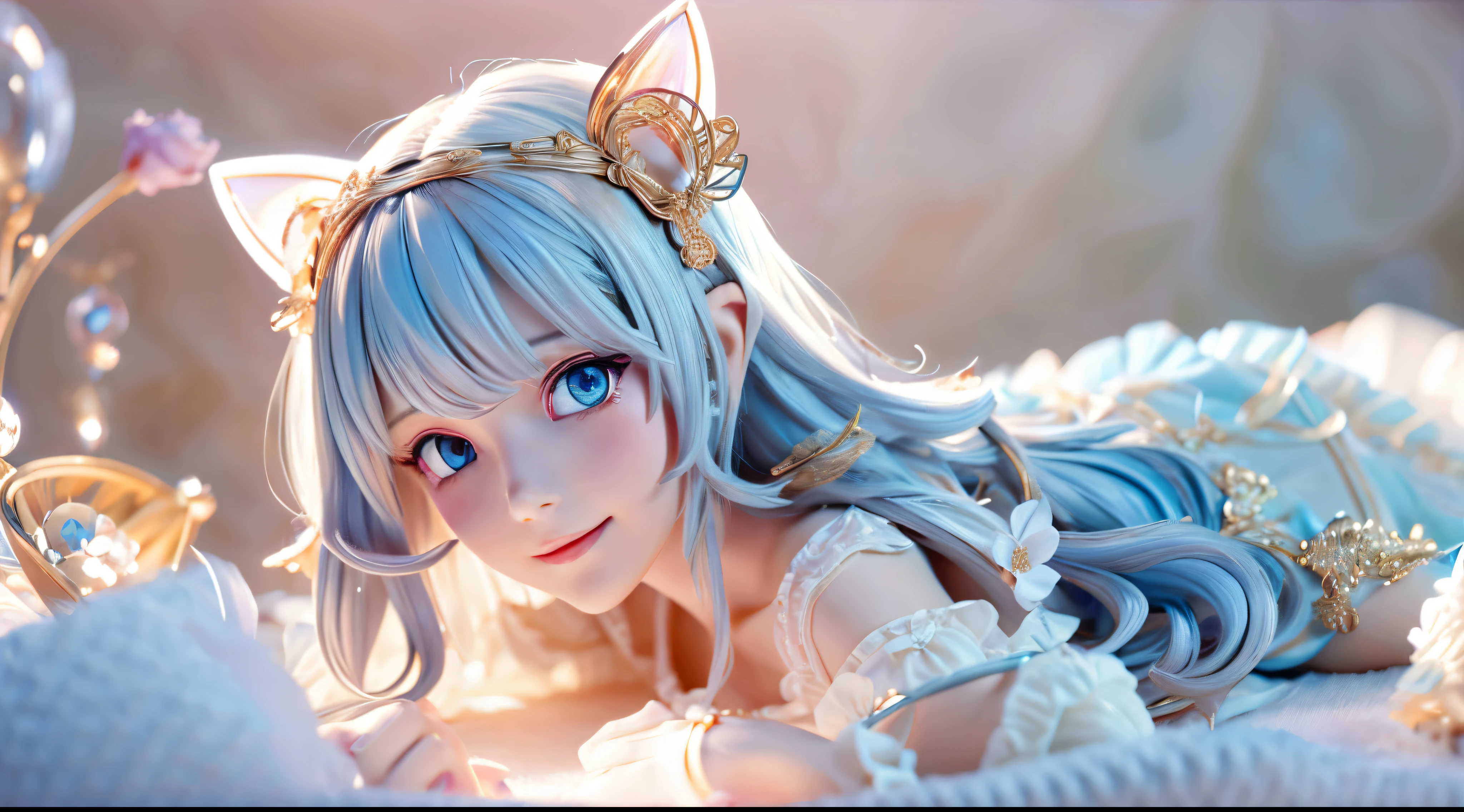 3d, full body, best detailed girl, depthoffield, breast squeeze, shiny, neat figure, beautiful detailed girl, 20 years old, long Bright wavy hair, flowing hair, Air bangs, beautiful and detailed loong tail, hair intakes, pale blue hair, Silky hair, extremely detailed cute anime face, seductive smile, furrowed brow, beautiful detailed deep eyes, cat ears, delicate hands, cleavage cutout, zettai ryouiki, pale blue eyes, Smooth skin, delicate gold metal decorations, flower, frilled dress, puffy short sleeves, translucent fluttering skirt, leg ribbon, bright color Clothes, landscapes, delicate glow, on bed, sparkle, refined rendering, extremely detailed CG unity 8k wallpaper, best quality, ultra-detailed,