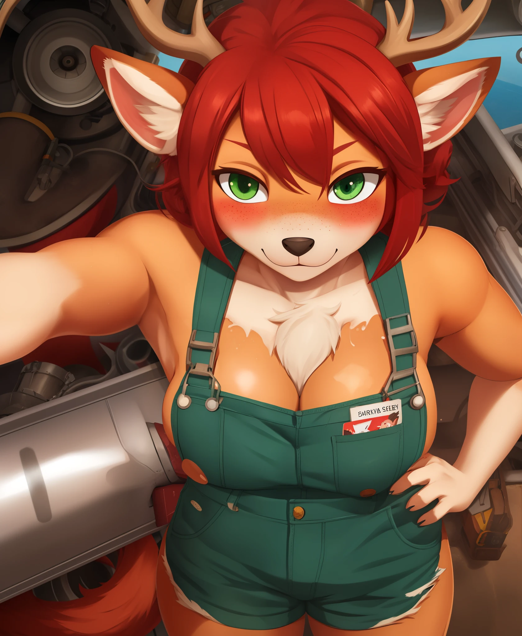 loli body, whiskers, deer, red hair, (((messy bob hair style))), short hair, fluffy, (antlers), freckles, ((furry)), green eyes, (((blush))), pointy ears, red nose, small breast, frowning wearing ripped overalls, working on airplane motor, ((pouting)) mechanic tools in hand, airplane in the background, wrenches, screwdrivers, under boob, grease stains, view from above, jet engine, airport, looking at camera