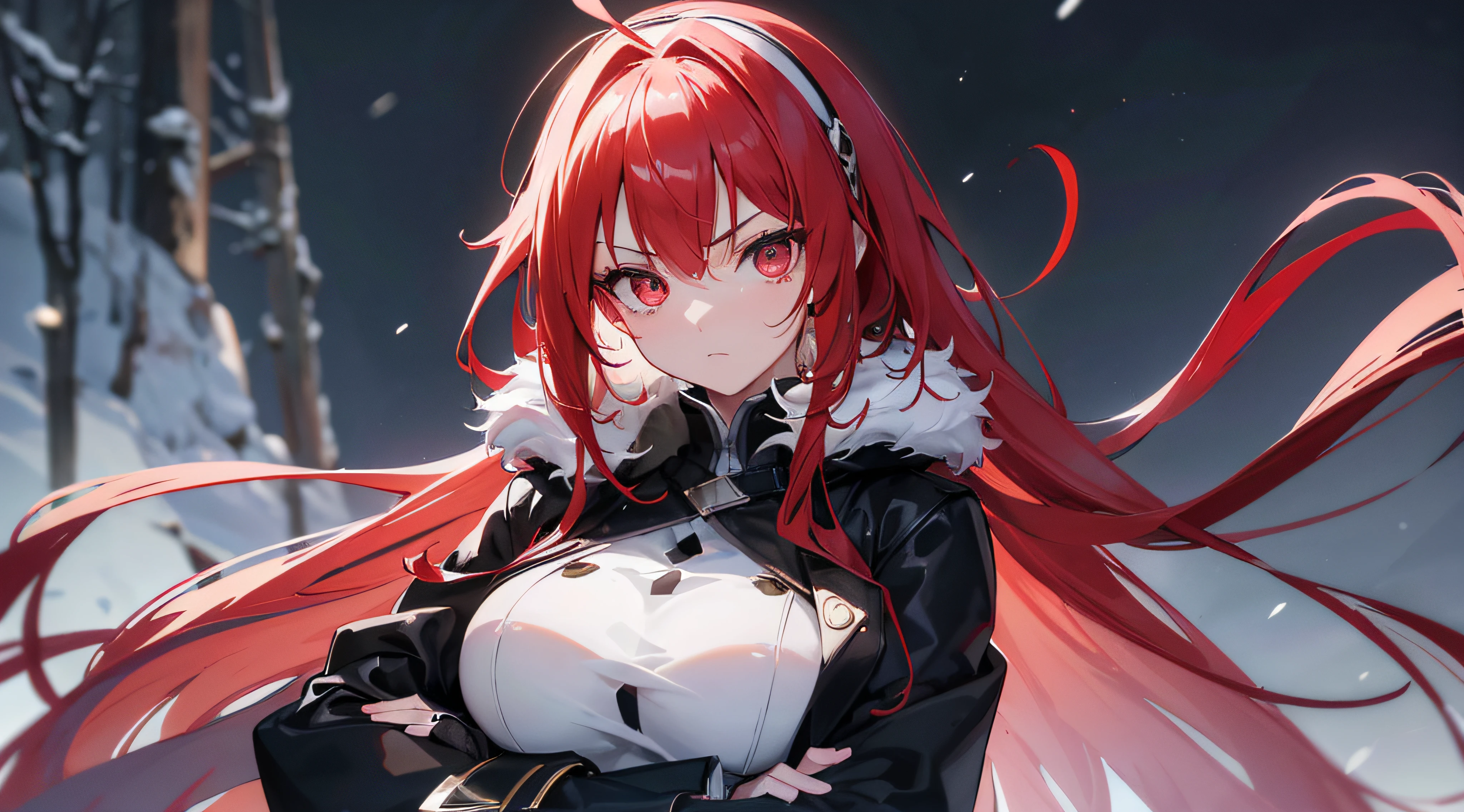 ((Ultra-detailed)), (top-quality),((masterpiece)), ((Super exciting)), ((8K)),((1440p)), ((extremely clear)), ((Very sophisticated)), (Anime quality), (3D), (photograph quality), (realistic quality), (high quality facial shadowing), (cinematic lighting), (perfect lighting),(glowing skin), solo, upper body, Eris Grayrat, Red hair, Straight Hair, hairband, Red Eyes, beautiful eyeline, long eyelashes, Thin eyebrows, anime quality eyes, clear eyes, upturned eyes, clear body, macular body, macular legs, Red cheeks, Ahoge, big breasts, beautiful breasts, black jacket, long jacket, white fur, fur on the jacket, white shirt, black collar, muscular body, Arms crossed, hide hands, up chest, looking scaring, looking angry, detailed face description, snowy background, forest background, look at viewers, eye level angle, side lightning, lofty in style,