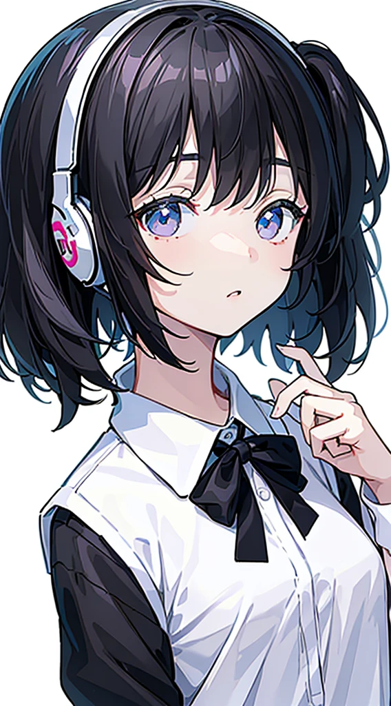 (Top quality illustrations:1.3)、(Cute little girl s:1.0)、(女の子1人:1.0)、(Short black hair:1.0)、(School Uniforms:1.0)、(ultra-detailliert) 、(White background:1.5)、17 age、Wearing headphones、D-cups、