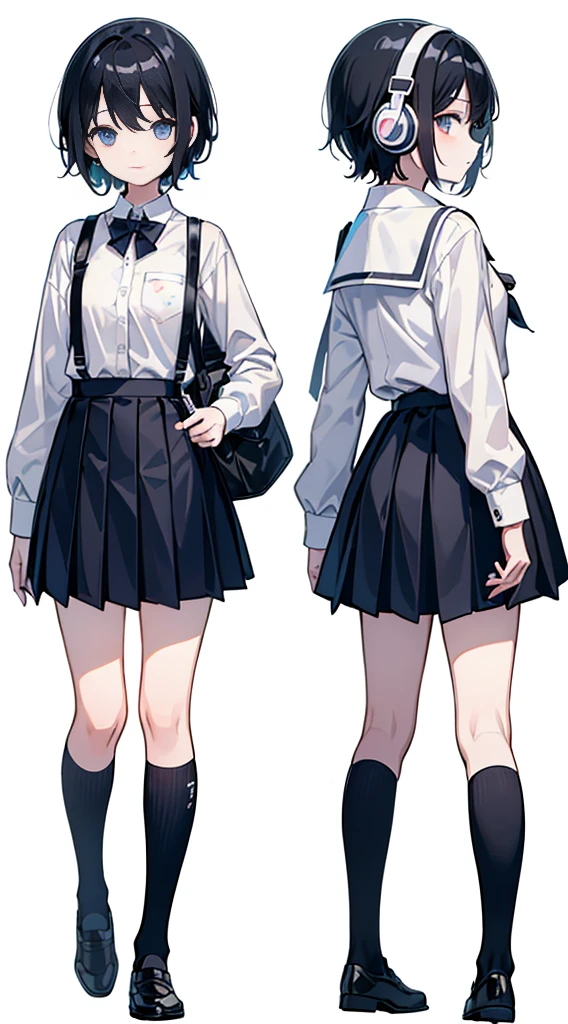 (Top quality illustrations:1.3)、(e litrl s:1.0)、(女の子1人:1.0)、(Short black hair:1.0)、(School Uniforms:1.0)、(ultra-detailliert) 、(White background:1.5)、17 age、Weheadphones、D-cups、