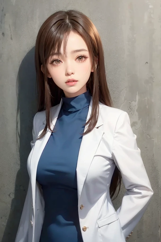 1girl, shoko in anime jujutsu kaisen, long hair , brown hair, brown eyes,eyeshadow,  beautiful eyes, beautiful, white clothes, realistic clothes, detail clothes, city background, ultra detail, realistic