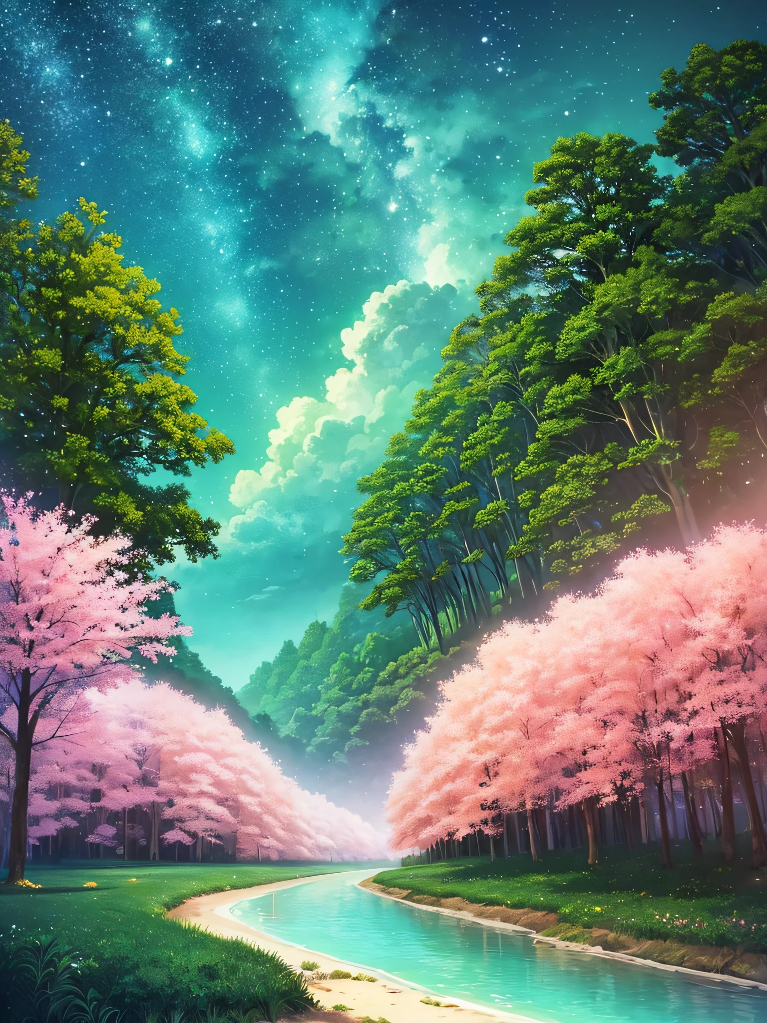 (Beautiful Magic Night Green Sky Stream Overlay Scenery), (heaven), (nuvem), soft lighting, fundo limpo, beautiful scenery, master part, alta qualidade, graphics beautiful, High detail, epic scenery, Jardim, flor, nuvem, (night starly sky, back river, huge old trees behind, dropping bright pink petals back)