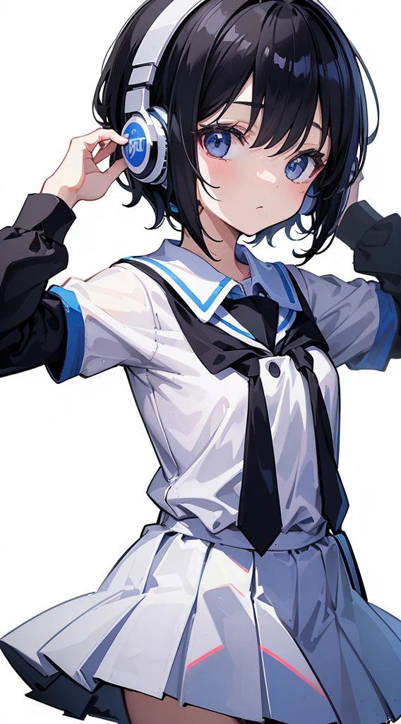 (Top quality illustrations:1.3)、(Cute little girl s:1.0)、(女の子1人:1.0)、(Short black hair:1.0)、(School Uniforms:1.0)、(ultra-detailliert) 、(White background:1.5)、17 age、Wearing headphones、D-cups、