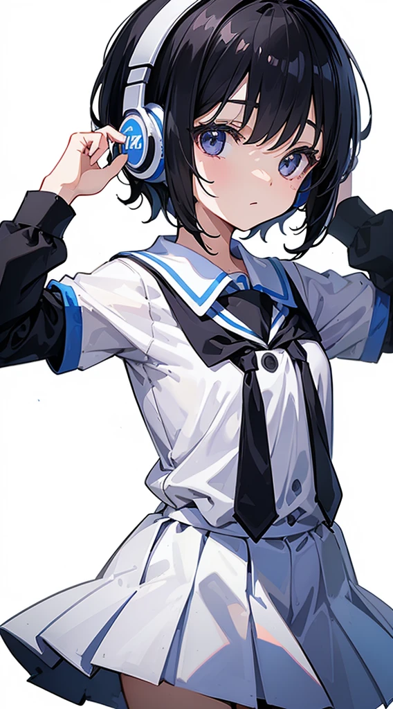 (Top quality illustrations:1.3)、(Cute little girl s:1.0)、(女の子1人:1.0)、(Short black hair:1.0)、(School Uniforms:1.0)、(ultra-detailliert) 、(White background:1.5)、17 age、Wearing headphones、D-cups、
