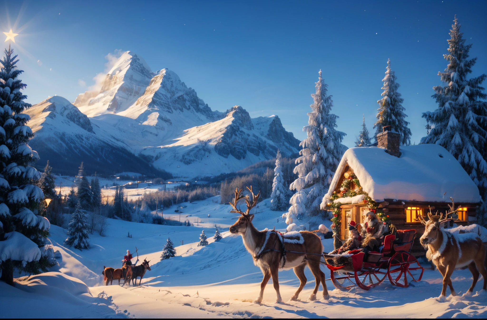 christmas scene with reindeers and a sleigh house in the snow, winter scene fantasy, masterpiece, highly detailed photograph, sharp