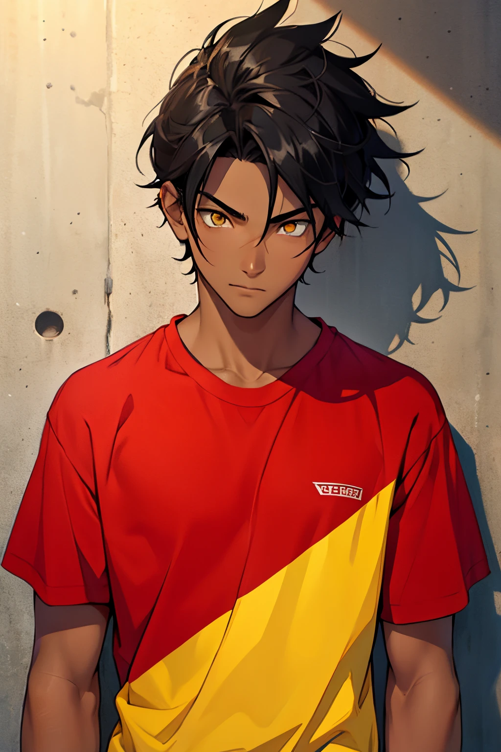 A 16 year old boy, tanned skin, black hair, yellow eyes, red shirt, black cause