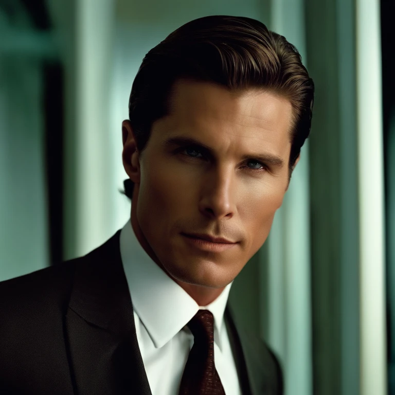 Patrick is a tall, tan, muscular man with slicked back brown hair, and an expensive suit. Looks like Christian Bale,American Psycho,Patrick is a tall, tan, muscular man with slicked back brown hair, and an expensive suit. Looks like Christian Bale,face,photo