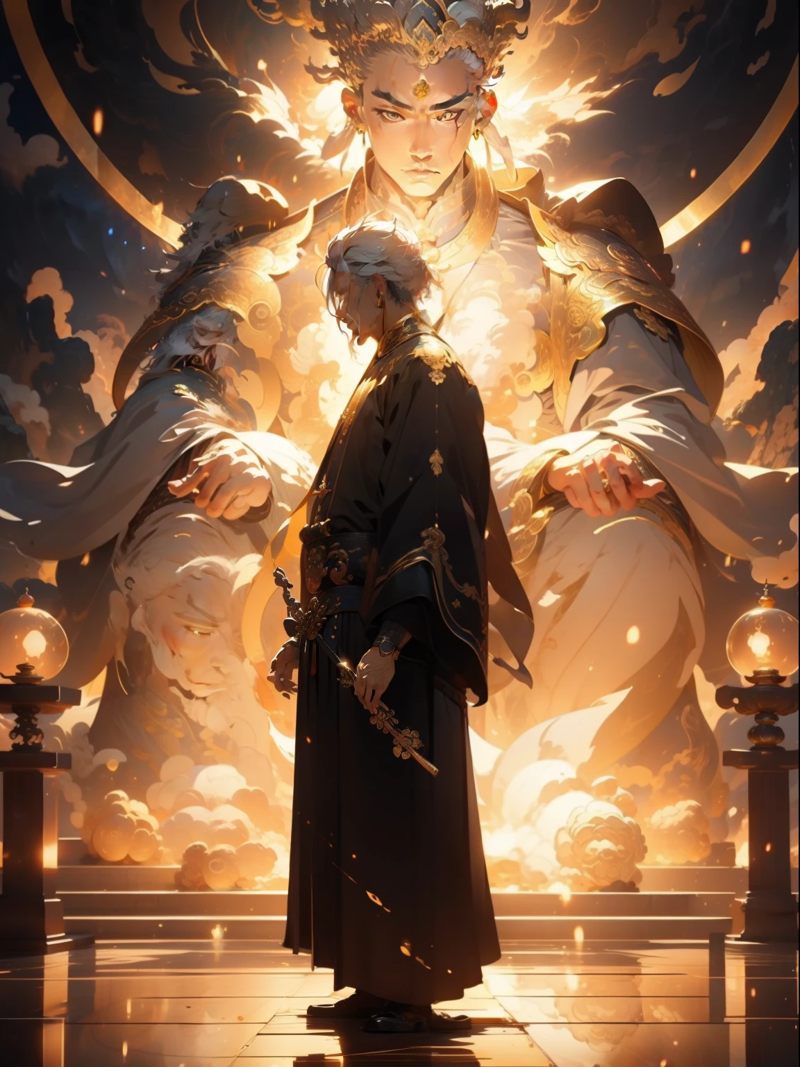 A character stands in front of a golden Taoist priest