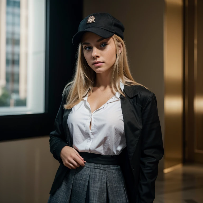 (best quality,4k,highres,masterpiece:1.2),ultra-detailed,realistic,photograph of an 17-year-old Beautiful teen Young girl,perfect face, with light blonde hair, piercing blue eyes, and a fit physique,social & environmental activist,feminist advocate,wearing a Elegant black fabric skirt, elegant white blouse,a black jacket, and a fashionable black cap,Speaking at a high-profile social charity event,vivid colors,sharp focus,professional lighting
