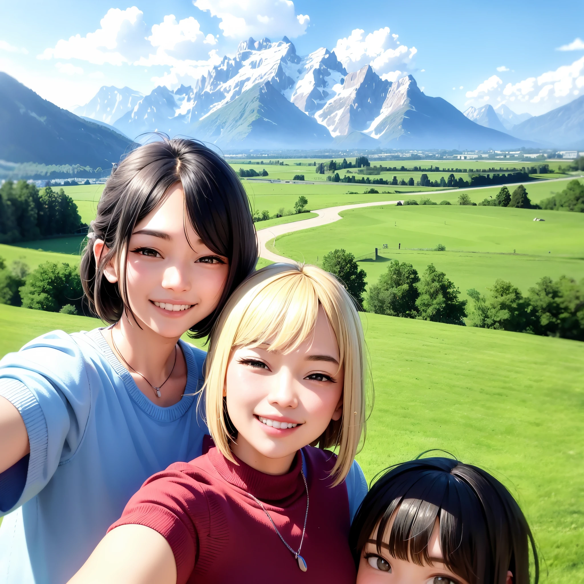 smiling couple taking selfie in open field with mountains in background, with mountains in the background, with village, hills in the background, with mountains in background, in mountains, with radiating hill, on a mountain, with mountains in the distance, ghutra and egal, couple, with godray, scenary, moutain in background, with mountains as background