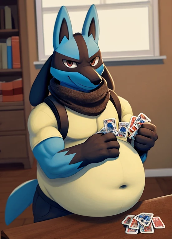 solo, lucario, anthro, male, obese, very large belly, wearing black scarf, holding stack of cards, looking at viewer, smug expression, indoors