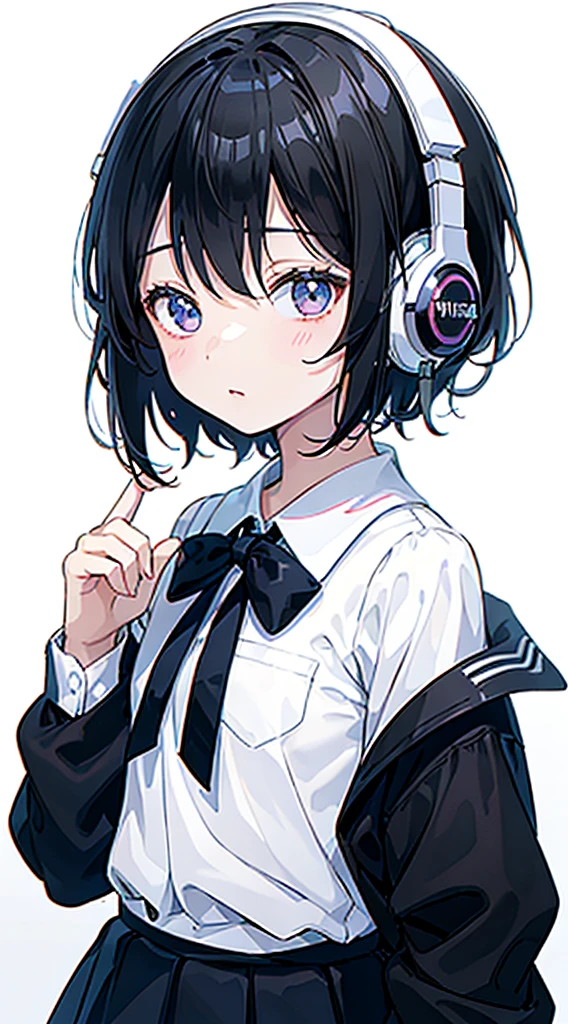 (Top quality illustrations:1.3)、(Cute little girl s:1.0)、(女の子1人:1.0)、(Short black hair:1.0)、(School Uniforms:1.0)、(ultra-detailliert) 、(White background:1.5)、17 age、Wearing headphones、D-cups、