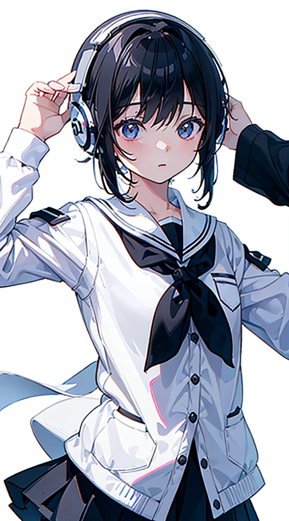 (Top quality illustrations:1.3)、(Cute little girl s:1.0)、(女の子1人:1.0)、(Short black hair:1.0)、(School Uniforms:1.0)、(ultra-detailliert) 、(White background:1.5)、17 age、Wearing headphones、D-cups、