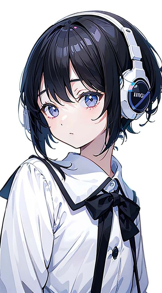 (Top quality illustrations:1.3)、(e litrl s:1.0)、(女の子1人:1.0)、(Short black hair:1.0)、(School Uniforms:1.0)、(ultra-detailliert) 、(White background:1.5)、17 age、Weheadphones、D-cups、