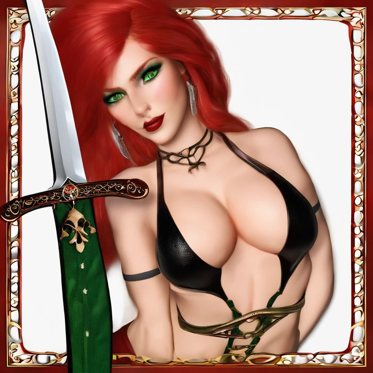 Long red hairy green eyes, beautifull face. Slim body. Large curves barely covered by a bikini madexof chainmail, leather boots and gloves, a sword,original,Long red hairy green eyes, beautifull face. Slim body. Large curves barely covered by a bikini madexof chainmail, leather boots and gloves, a sword,face,photo