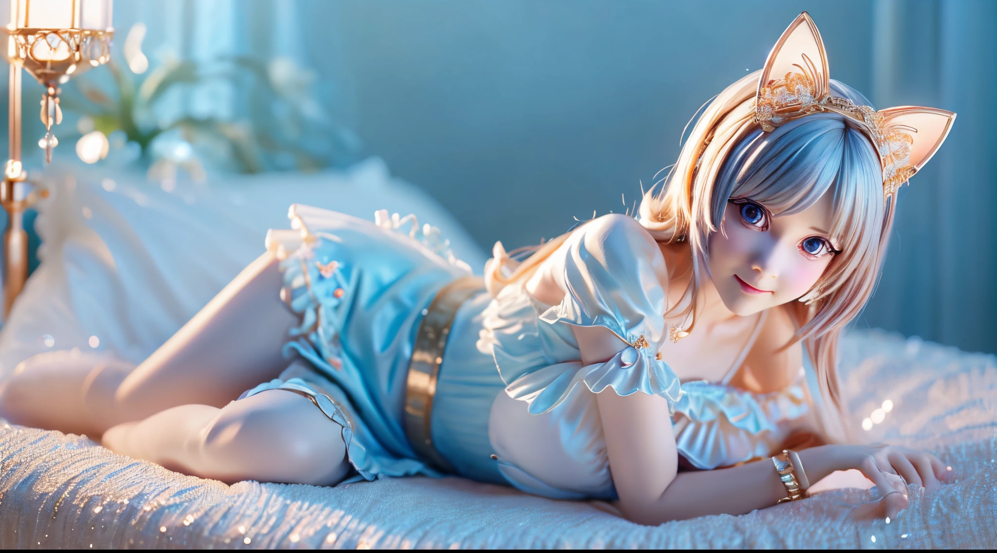 3d, full body, best detailed girl, depthoffield, breast squeeze, shiny, neat figure, beautiful detailed girl, 20 years old, long Bright wavy hair, flowing hair, Air bangs, beautiful and detailed loong tail, hair intakes, pale blue hair, Silky hair, extremely detailed cute anime face, seductive smile, furrowed brow, beautiful detailed deep eyes, cat ears, delicate hands, cleavage cutout, zettai ryouiki, pale blue eyes, Smooth skin, delicate gold metal decorations, flower, frilled dress, puffy short sleeves, translucent fluttering skirt, leg ribbon, bright color Clothes, landscapes, delicate glow, on bed, sparkle, refined rendering, extremely detailed CG unity 8k wallpaper, best quality, ultra-detailed,