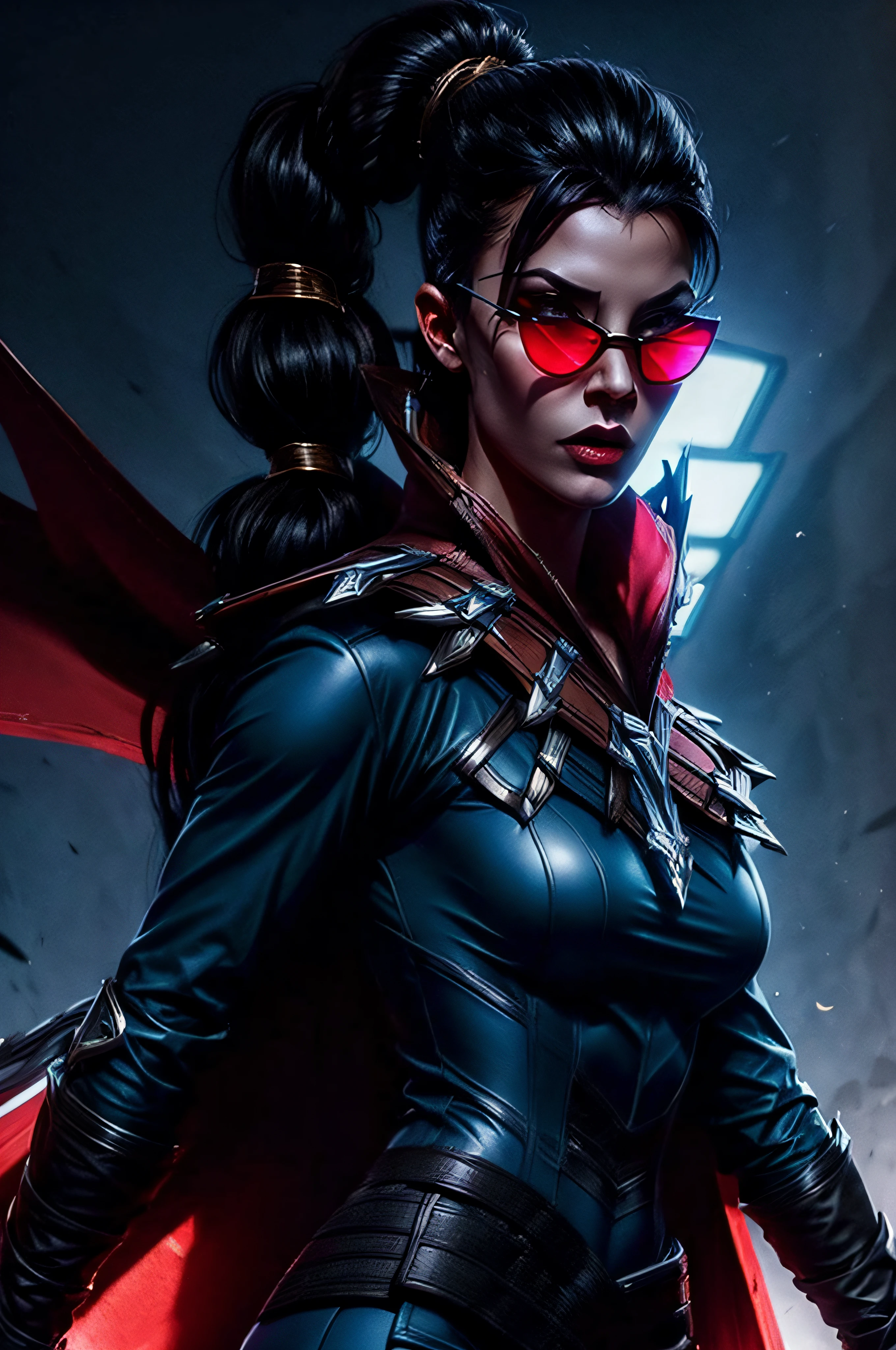 ((face portrait)), (masterpiece), best quality, expressive eyes, perfect face, vayne, 1girl, solo, long hair, black hair, gloves, ponytail, cape, sunglasses, ruin background, standing, portrait, looking at viewer, from frontal