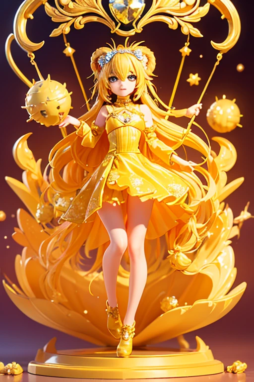 (Same character, front, side, back), (full body); 3d; cute; 3d toy art; toy art; anime style; glitter; horoscope sign Leo ; color yellow; Lion details; ♌ symbol; citrine stone;