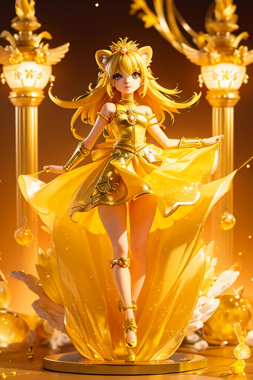 (Same character, front, side, back), (full body); 3d; cute; 3d toy art; toy art; anime style; glitter; horoscope sign Leo ; color yellow; Lion details; ♌ symbol; citrine stone;