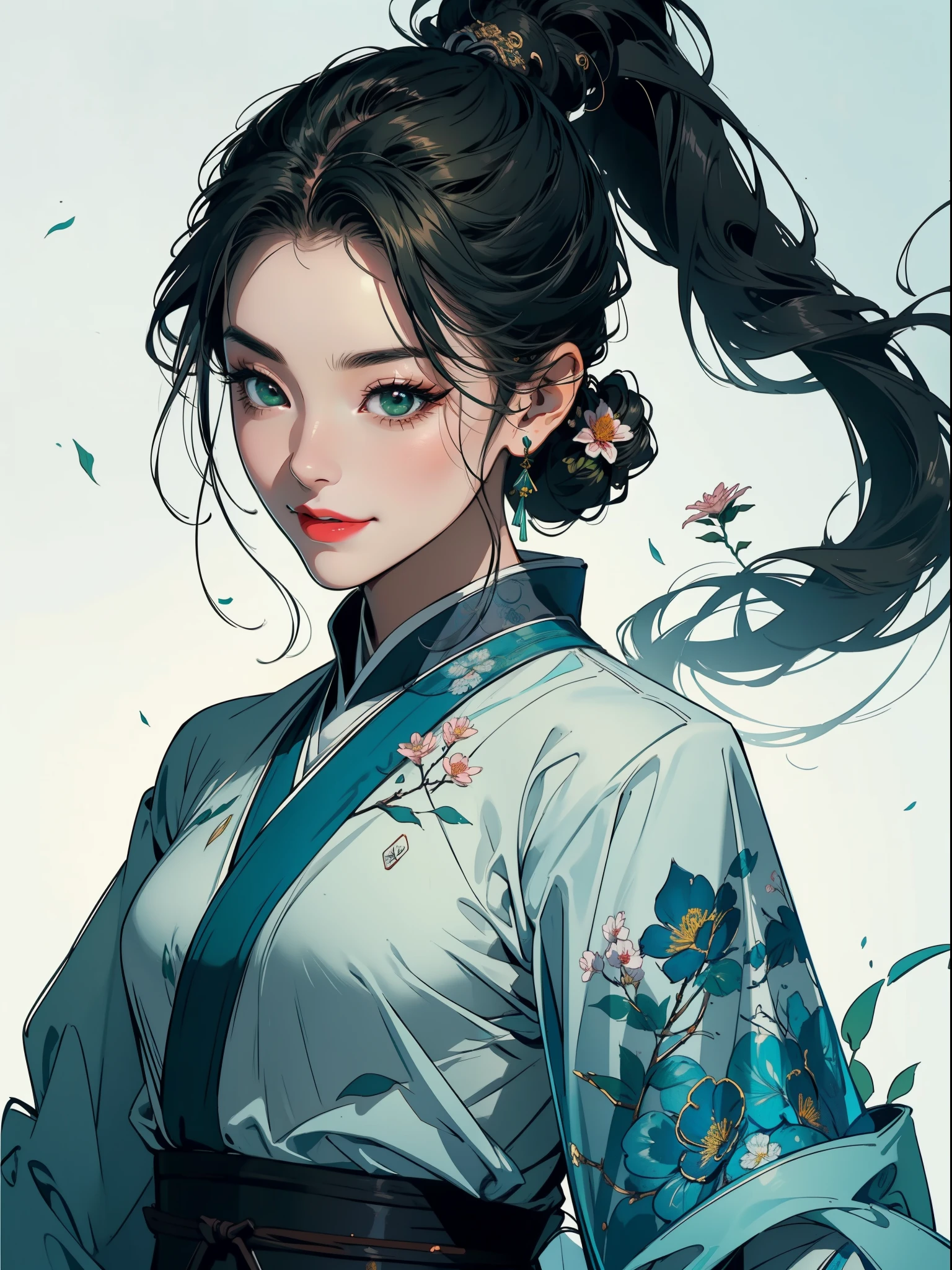 A woman,Canglin Sect Flower Ranger,Beautiful and lively,Green dominant color picture,Emoji smile,Flowing period costume,Flowers all over the background,Beautiful face,Upper body portrait,Detail portrayal,wuxia-style clothing,Best picture quality,