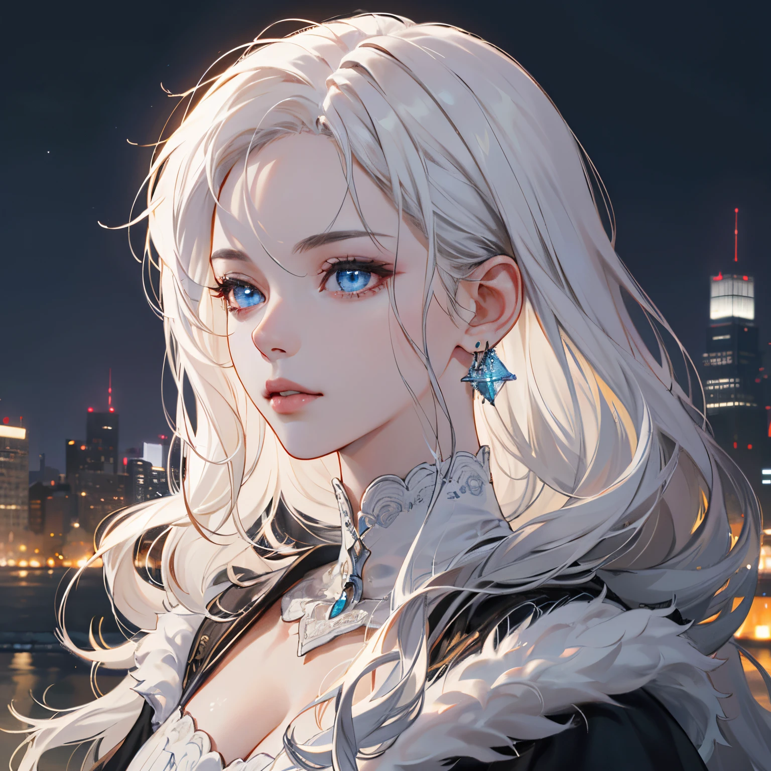 photo of a 25 years old european girl, RAW, beautiful woman, (anime), (extra long wavy white hair), (blue eyes), ((portrait)), ((detailed face:1.2)), ((detailed facial features)), (finely detailed skin), pale skin, high detailed deep cleavage gothic dress outfit, megacity environment, (cold colors), damp, moist, reflections, (masterpiece) (perfect proportion)(realistic photo)(best quality) (detailed) photographed on a Canon EOS R5, 50mm lens, F/2.8, HDR, (8k) (wallpaper) (cinematic lighting) (dramatic lighting) (sharp focus) (intricate), (earring diamond)
