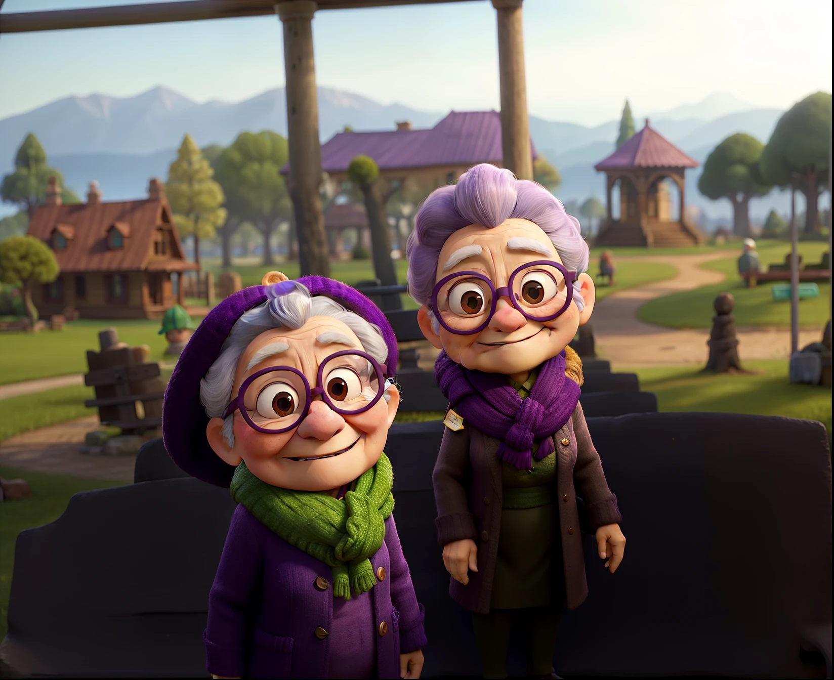 masterpiece, best quality, an old woman with glasses and a scarf on, wearing a purple coat and green scarf, standing at the park