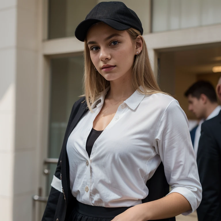 (best quality,4k,highres,masterpiece:1.2),ultra-detailed,realistic,photograph of an 17-year-old Beautiful teen Young girl,perfect face, with light blonde hair, piercing blue eyes, and a fit physique,social & environmental activist,feminist advocate,wearing a Elegant black fabric skirt, elegant white blouse,a black jacket, and a fashionable Dark red socialist cap,Speaking at a high-profile social charity event,vivid colors,sharp focus,professional lighting