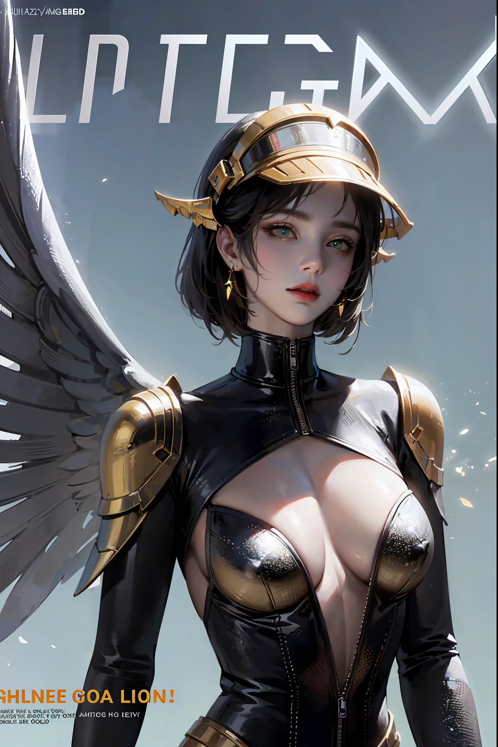 masterpiece, (best quality), (ultra-detailed), (ultra-realistic:1.2), landscape, sci-fi, transistorpunk, cyberpunk, biopunk, (magazine cover:1.4), (gray, white), female huge robot, visor, earring, mechanical angel wings on the back, angel wings, future town, dynamic pose, dynamic angle, small breasts, luxury, (gold, silver, green), neon