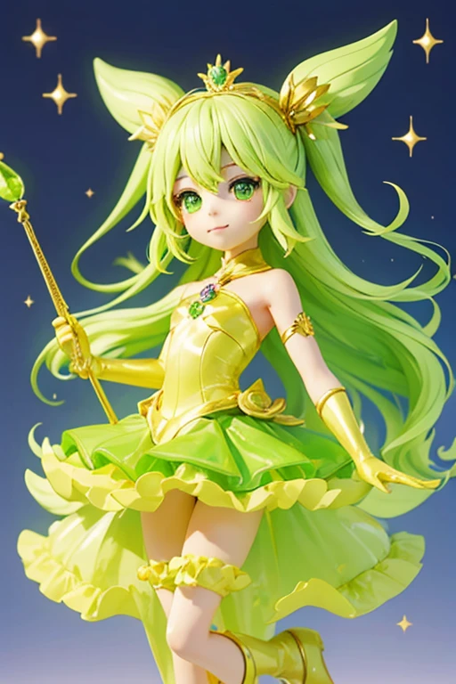 (Same character, front, side, back), (full body); 3d; cute; 3d toy art; toy art; anime style; glitter; horoscope sign Libra princess; color green; Balance details; ♎ symbol; peridot stone;