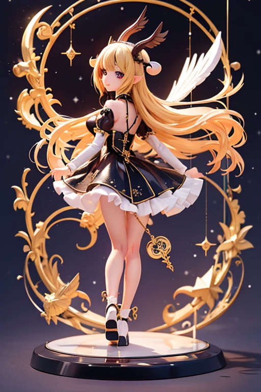 (Same character, front, side, back), (full body); 3d; cute; 3d toy art; toy art; anime style; glitter; horoscope sign Capricornus; color black; Goat details; ♑ symbol; onyx stone;