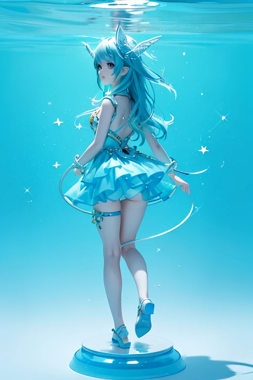 (Same character, front, side, back), (full body); 3d; cute; 3d toy art; toy art; anime style; glitter; horoscope sign Aquarius color ligh blue; Water Bearer details; ♒ symbol; aquamarine stone;