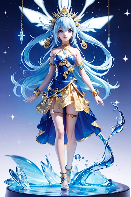 (Same character, front, side, back), (full body); 3d; cute; 3d toy art; toy art; anime style; glitter; horoscope sign Pisces; color dark blue; Fish details; ♓ symbol; lapis lazuli stone;