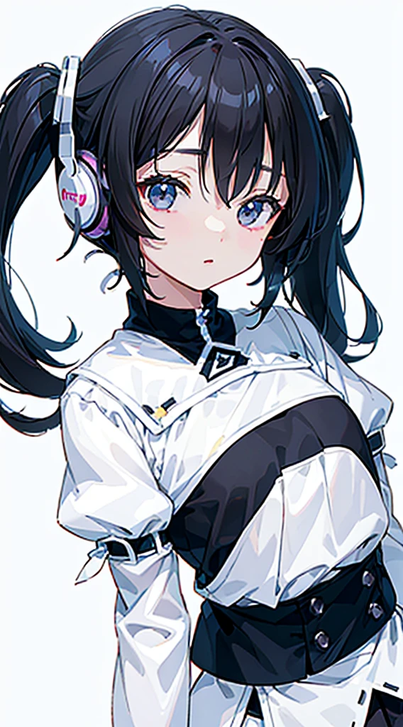 (Top quality illustrations:1.3)、(Cute little girl s:1.0)、(女の子1人:1.0)、(Short black hair:1.0)、(Breasts are D cup:1.0)、(ultra-detailliert) 、(White background:1.5)、17 age、Wearing headphones、