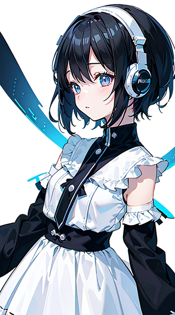 (Top quality illustrations:1.3)、(Cute little girl s:1.0)、(女の子1人:1.0)、(Short black hair:1.0)、(Breasts are D cup:1.0)、(ultra-detailliert) 、(White background:1.5)、17 age、Wearing headphones、