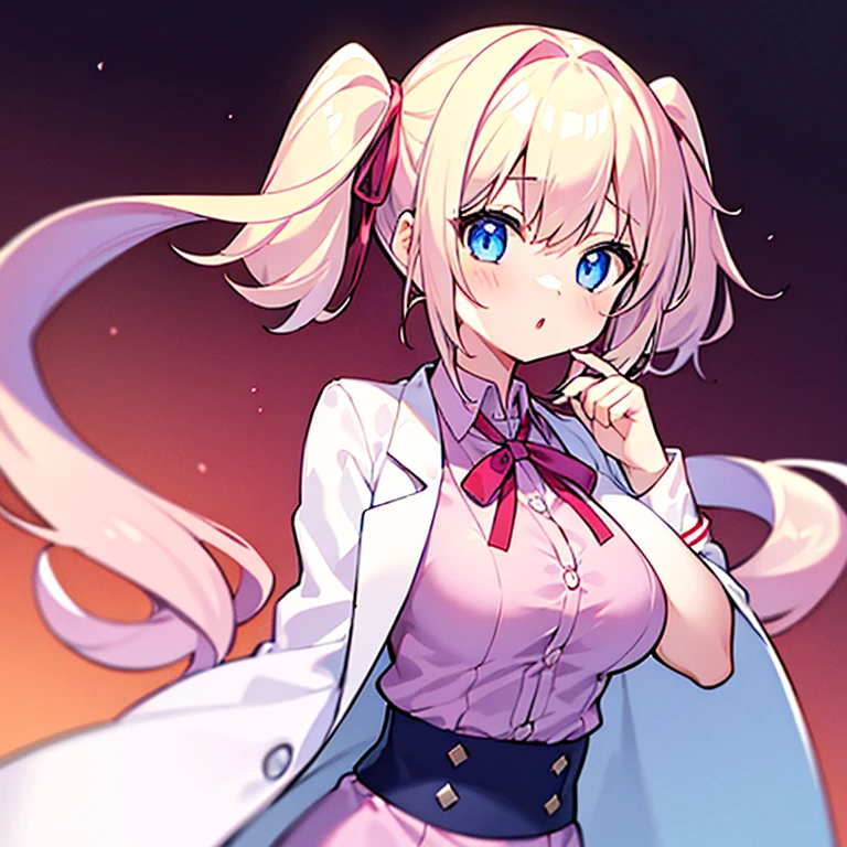 1girl, solo, pink shirt, blue_eyes, labcoat, white labcoat, large breasts, short twintails, blue_skirt, low_twintails, blonde_hair, hair_over_shoulder, bandaid, red ribbon, upper body