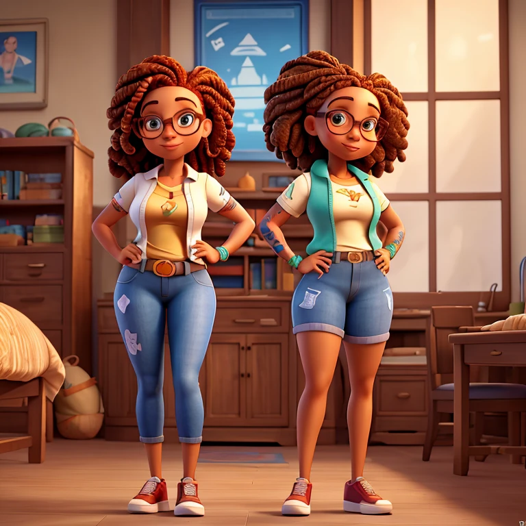 Light skinned curvy ,wearing glasses. Ginger locs and twists with tattoos tall tattoo on her leg Disney Pixar girl adult