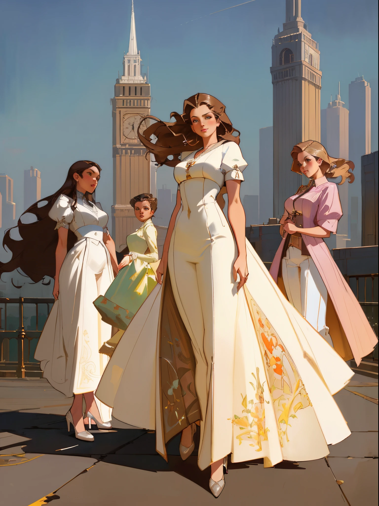 Best quality, 3 young adult women, character sheet, concept art, (full body, masterpiece: 1.2), (best quality: 1.3), insanely beautiful Caucasian women, long light brown windy hair, white, 3 stunning women on their 30s, wearing an elegant couture dress and designer shoes, big city skyline as the background, winner attitude pose, with long light brown hair, assorted poses, in the style of Norman Rockwell, JC Leyendecker, Jordan Grimmer, soft pastel colors, intricate, elegant, highly detailed, digital painting, art station, concept art.