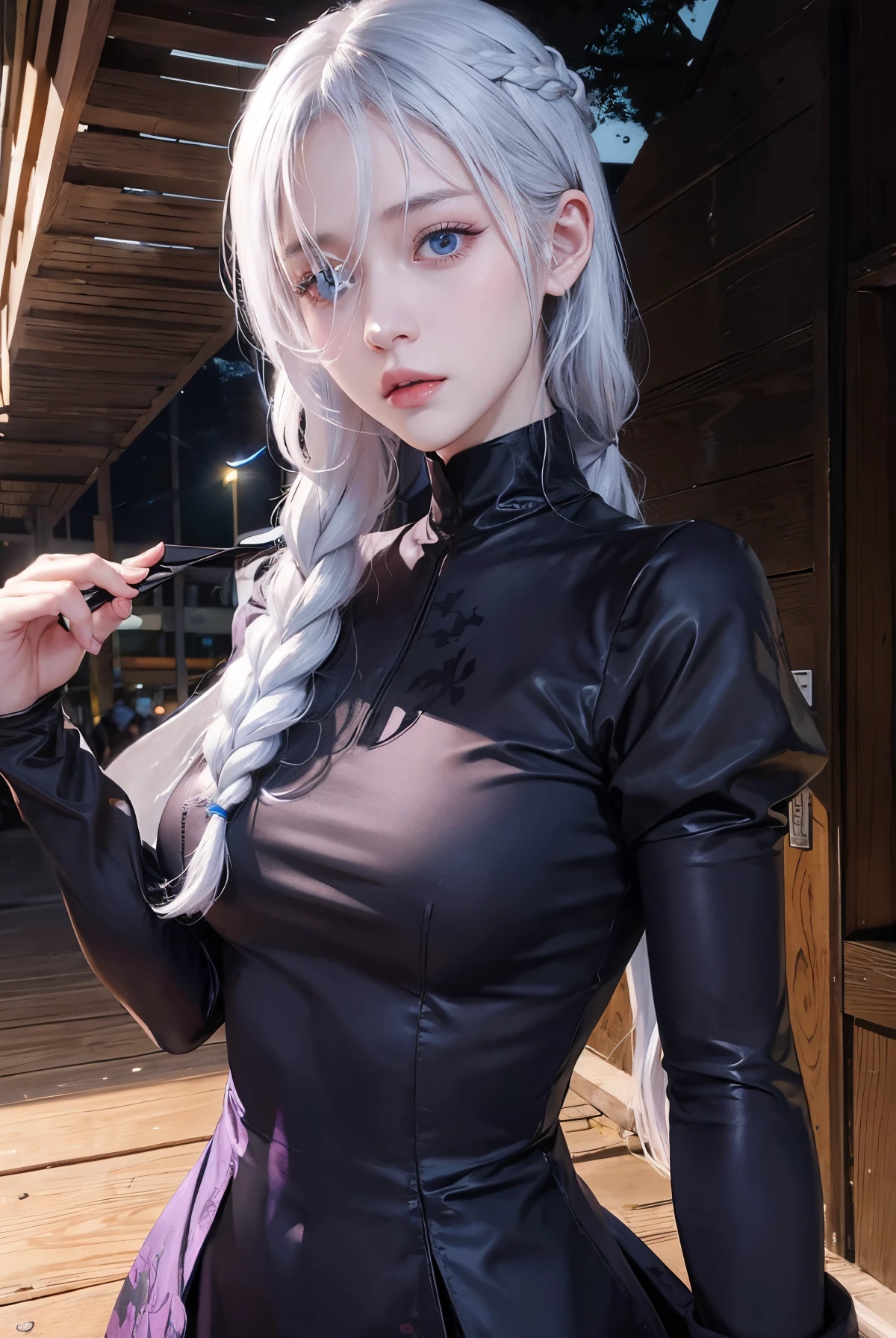 Sitting on a bench at night, snow on the ground, shy, beauty spot on chin, wearing a loose oversized hoodie, wearing a black cap, sexy thighs, side pose, small mole on the chin, blushing, neon lights, detailed background, raining, long sleeves, neck choker with necklace, long necklace, evil look, white hair, detailed digital anime art